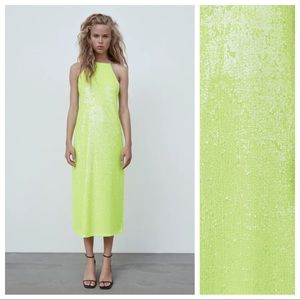 NWT. Zara Neon Green Sequin Midi Dress Size M.
